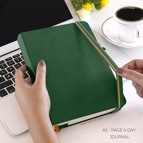 Image of NEORAH -A5 DOTTED | 368 Pages - 110 Gsm | PAGE A DAY JOURNAL (21x14.8 cm)-Hardcover Dot Grid Notebook |Back Pocket |3 Silk Book Mark - Completely HANDMADE for Journaling,writing - DARK GREEN