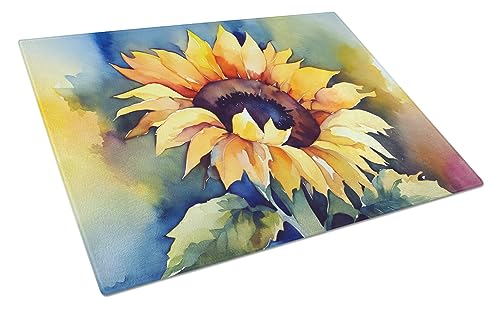 Caroline's Treasures DAC1615LCB Sunflowers in Watercolor Glass Cutting Board Large Decorative Tempered Glass Kitchen Cutting and Serving Board Large Size Chopping Board