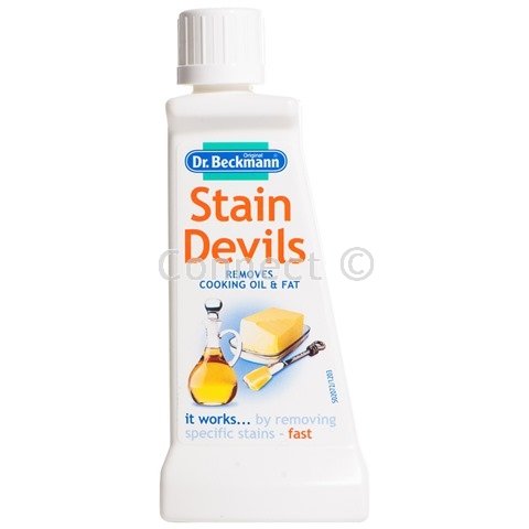 Dr.Beckmann Stain Devils Cooking Oil & Fat Remover Removes cooking oil fat suntan lotion ice cream blood & milk Designed for effective stain removal in 3 minutes Suitable for washable fabrics - not carpets or upholstery 50 ml Capacity The Dr. Beckmann Stain Devils Cooking Oil and Fat Remover is the perfect stain remover for any cook! Having this stain remover in the kitchen cupboard means you no longer have to worry about spitting pans and spilling mixtures. It has been specifica