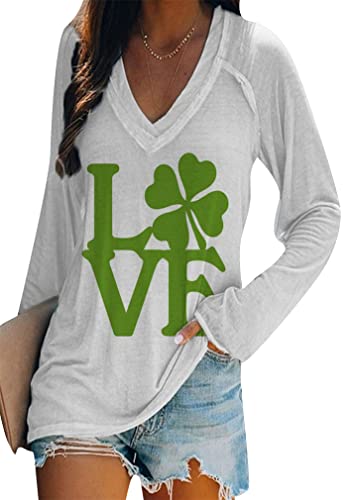 Image of BOFETA Women St Patricks Day Sweatshirts Loose Long Sleeve Shirts Green Shamrock Print Blouse Flowy Color Block Pullover Tops