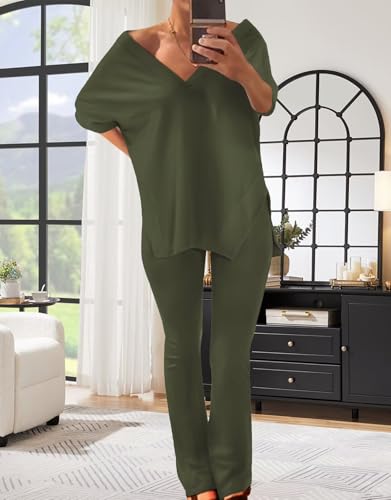 acelyn Women's 2 Piece Outfits Summer V Neck Oversized Split Tops Flare Legging Pants Casual Tracksuit Lounge Sets Sweatsuits4
