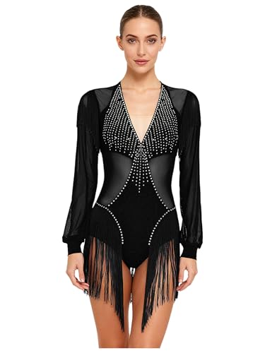 Monduelle Damen Latein Tanzkleid Glitzer Ballettkleid Langarm Eiskunstlauf Kleid mit Fransen Rock Chacha Salsa Tango Ballsaal Jazz Tanzkleidung...