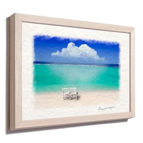 風景画 絵画 インテリア アートパネル 風水 絵 玄関 おしゃれ 壁掛け 和紙の絵写真 「入道雲と珊瑚礁の砂浜と白い椅子」 平面額縁付き 44x32cm 海の絵 青 ブルー Natural Memories
