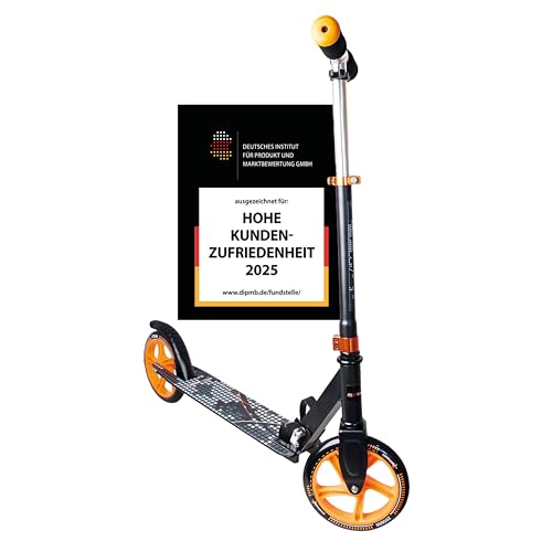 Muuwmi Aluminium Scooter - 200 mm Räder - ABEC 5 Lager - Höhenverstellbarer Lenker - Geeignet für Kinder und Erwachsene - GS-Zertifiziert - Bis zu 100 kg - Tretroller in schwarz-orange