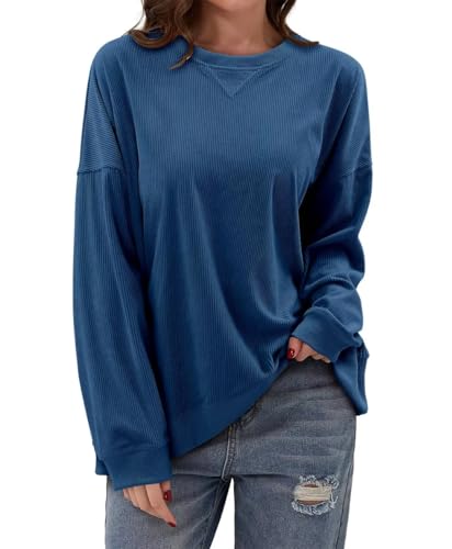 KISSMODA Womens Casual Long Sleeve Sweatshirts Color Block/Solid Tops Corduroy Crewneck Tunic Pullover with Pockets