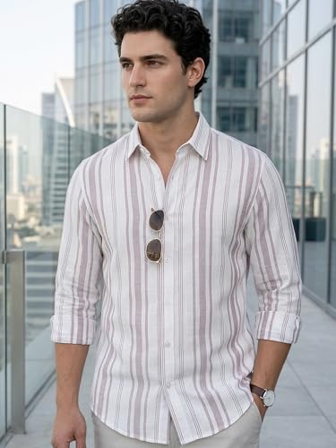 Image of Urbano Fashion Men's Cotton Full Sleeve Relaxed Fit Linen Striped Shirt with Spread Collar