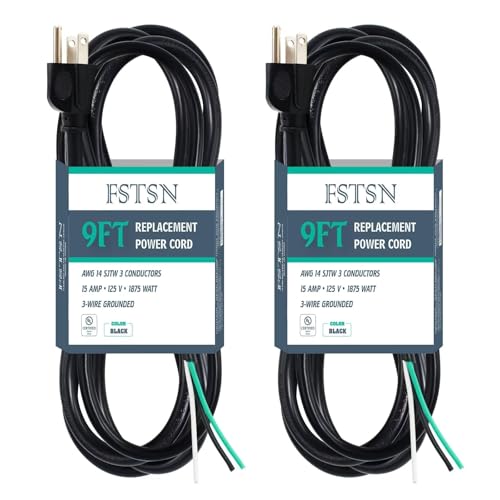 Image of FSTSN 2 Pack 9 ft 14/3C SJTW Appliance and Power Tool Cord, 14 Gauge 3 Prong Replacement Power Supply Cord Cable, 110V 115V 120V AC Pigtail, 15A, 1875w, Black