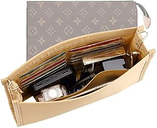 Senral Handbag Organiser Toiletry Pouch 26 Bag Organiser Insert for Makeup Pouch Organiser,Felt Purse Organiser Insert Ladies Tote Handbag Liner Pocket Organiser with Gold Buckle (Khaki 26)
