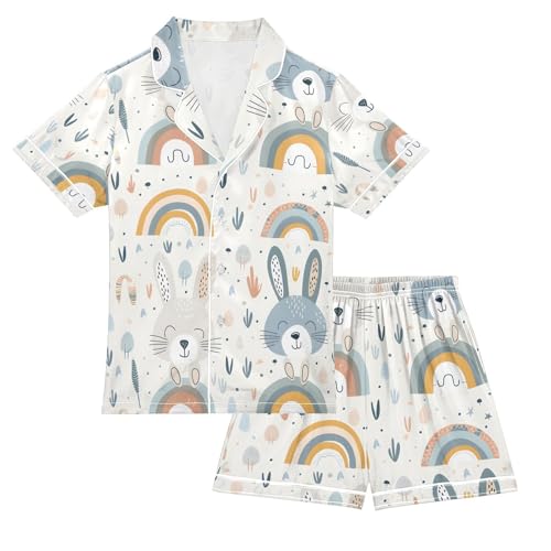 ALAZA Cute Rabbit Rainbow Pajamas Satin Pajama Set Short Sleeve Button Down Sleepwear
