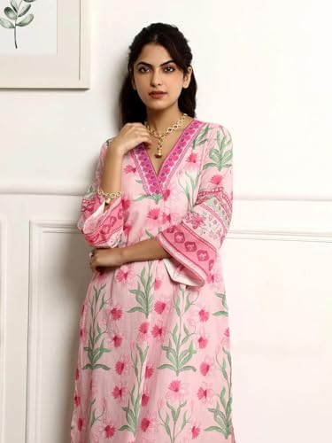 Image of Amazon Brand - Anarva Pure Cotton Kurta Set for Women | Kurti Set | V Neck 3 /4 Sleeve Ethnic Outfit | Cotton Kurta Set for Women | Designer Indian Kurti | Daily Office and Festive Traditional