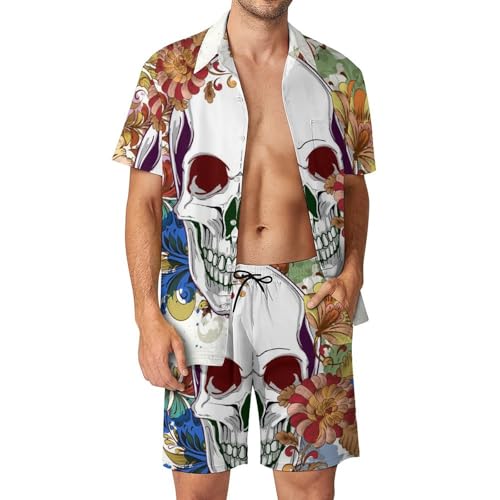 Chemise Hawaïenne Fleurs de Crâne Ensemble Homme Évite la Chaleur avec Short et Pantalon S