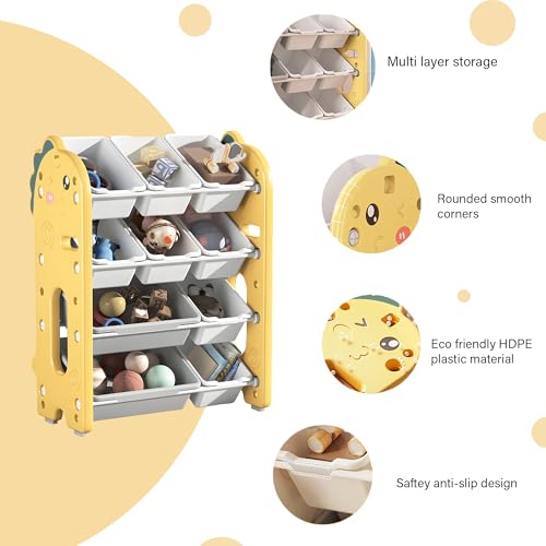 Image of oddpod Dino Kids Toy Organizer Storage Racks with Bins, Cute Cartoon Montessori Plastic Bookshelf for Children & Bedroom Shelf for Baby Hardline Toys, Books, Clothes & Games - Yellow (8+2 Bins)