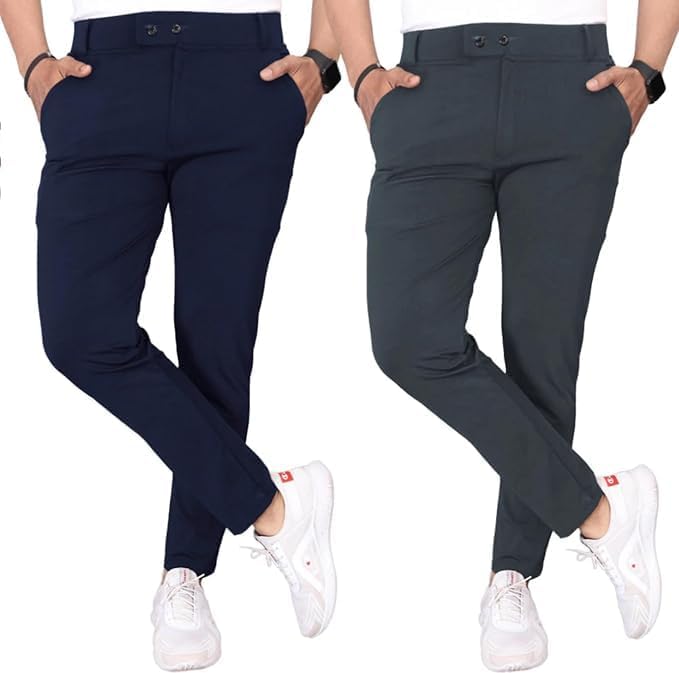 Image of Men's Slim Fit Lycra Formal Trousers Combo | Stretchable Smart Casual Pants for Office Wear | Mid-Rise Flat Front Stylish Chinos