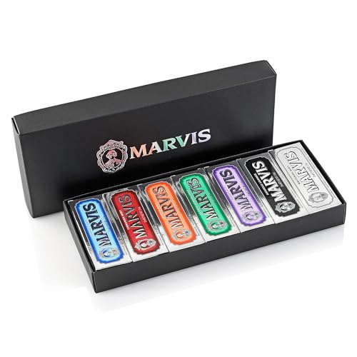 Marvis Set de dentífrico con sabor, 25 ml (pack de 7), pasta de dientes en tamaño de viaje para un frescor duradero, pasta dental aromática con sabor