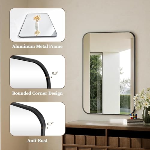 Image of The Artment your artistic apartment Streamline Rectangle Wall Mirror | HD Glass | Metal Frame | Wall-Mounted | Elegant Design for Bedroom, Bathroom, Hallway, Entryway | Black (56 CM)