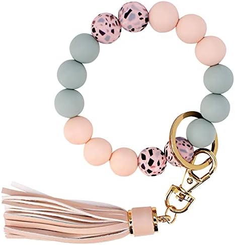 BIHRTC Keychain Bracelet Silicone Key Ring Wristlet with Leather Tassel Wrist Key Ring Bangle Silicone Bead keyring for Women Girls