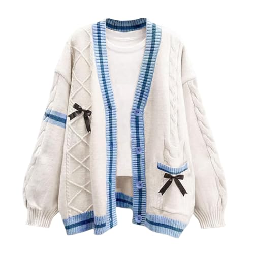 Image of ebossy Womens Kawaii Cute Bowknot Cable Knit Cardigans Sheep V Neck Button Down Slouchy Preppy Wool Blend Sweater Coat