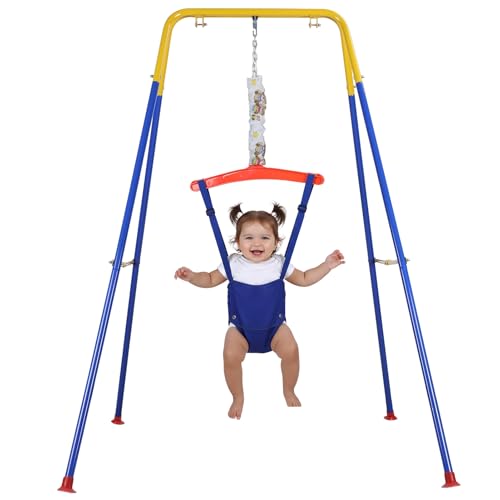 Baby Jumper with Stand Adjustable Chain, Indoor Outdoor Baby Jumper Play Set, Soft Breathable Cloth & Triangular Frame Secure, for Infants Up to 44lbs Blue