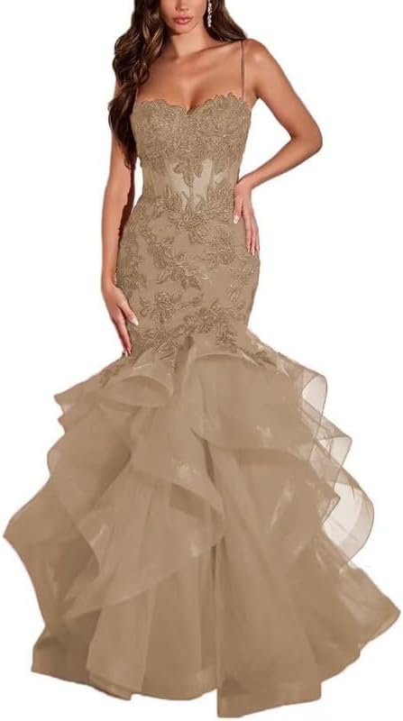 Lace Applique Mermaid Prom Dress for Women Tulle Ball Gown Long Spaghetti Strap Formal Evening Dress MR25