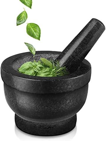 Flexzion Granite Mortar and Pestle Set - Solid Granite Stone Grinder Bowl Holder 5.5 Inch For Guacamole, Herbs, Spices, Garlic, Kitchen, Cooking, Medicine