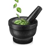 Flexzion Granite Mortar and Pestle Set - Solid Granite Stone Grinder Bowl Holder 5.5 Inch For Guacam