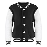 CHICTRY Kinder Mädchen Junge College Jacke Langarm Baseballjacke Unisex Mode Sportjacke Sweatjacke Urban Stehkragen Streetwear Knopfverschluss Vorne Schwarz 146-152