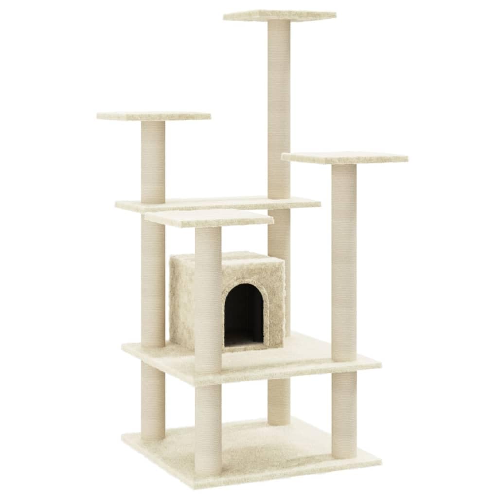 Kratzbaum 110 cm mit Sisal-Kratzsäulen und Höhle Creme | Stabiler Kletterbaum fürs Wohnzimmer mitgemütlicher Katzenhöhle und weichen Aussichtsplattformen in Creme.