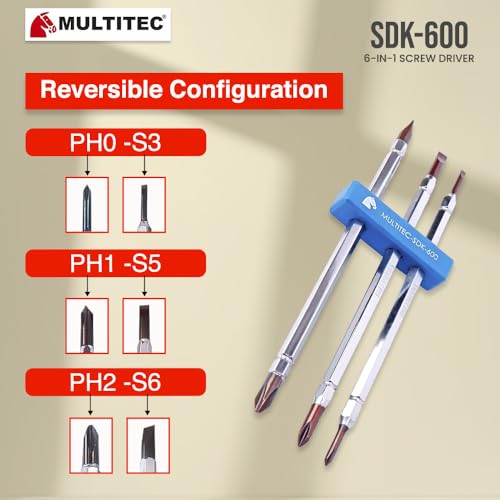 Image of MULTITEC 6-in-1 Multibit Reversible Screwdriver Set | Electrician Tool Kit with PH0, PH1 & PH2 Alloy Steel Bits | Quick Change Handle | Heavy Duty Electrical Repair & Maintenance Tool | Made in India