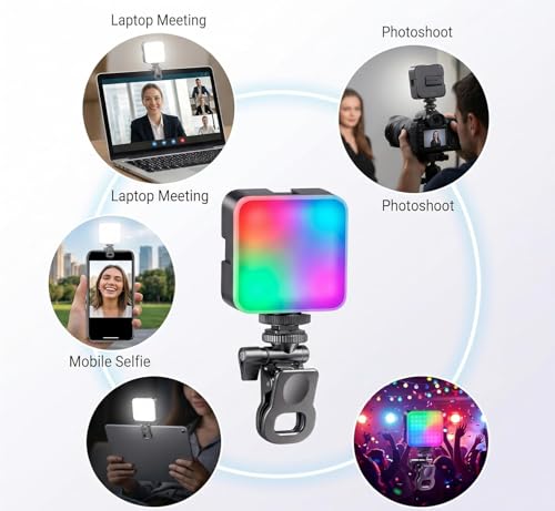 Image of LED Pocket Video Mobile Light RGB Rechargeable Camera Fill with Adjustable Brightness & Color Temperature | Clip-On Vlogging for Mobile Phone, DSLR, Camera, Laptop & Live Streaming