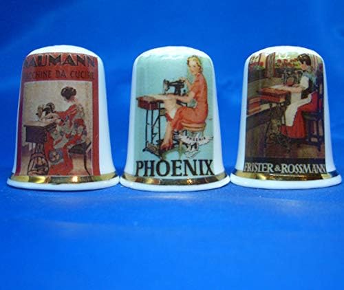 Porcelain China Collectable - Set of Three Thimbles - Sewing Machine Posters Germany