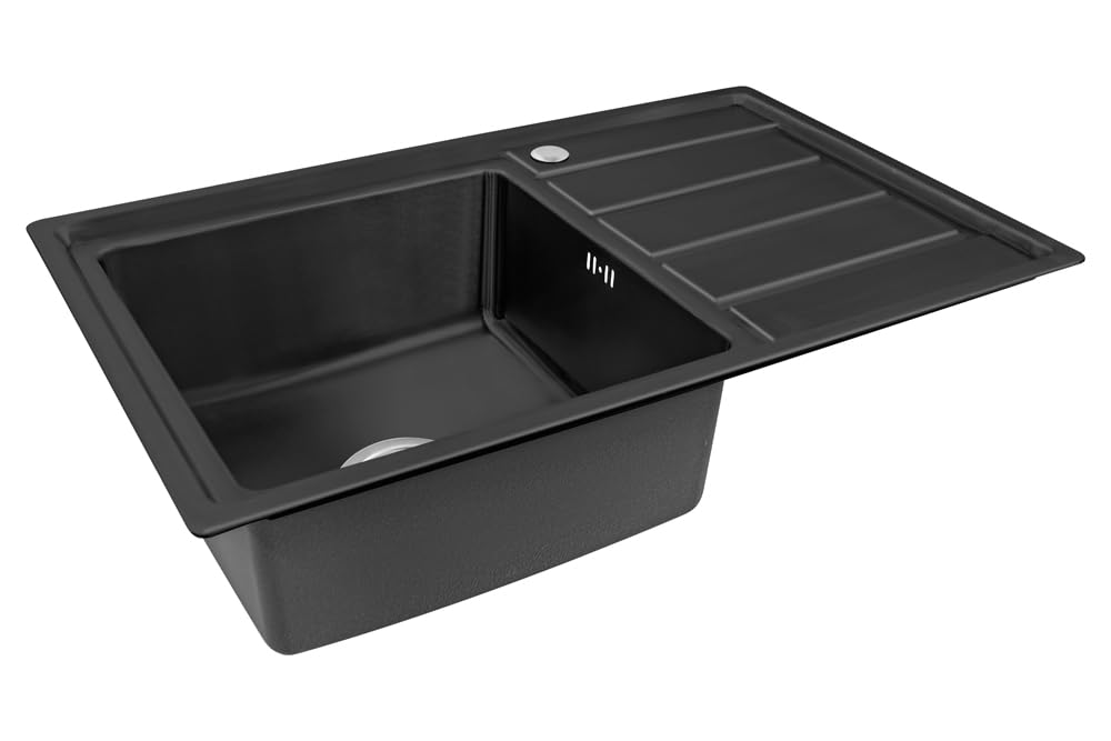 Lavello da incasso, 80 x 50 x 21, in acciaio inox 304, spessore del materiale 0,9 mm, rettangolare, 1 scolapiatti R16 (scolapiatti a destra – nero)