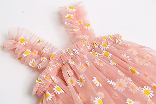 Vestido infantil de verão para meninas, sem mangas, com estampa de margarida, tela tipo tutu com bor