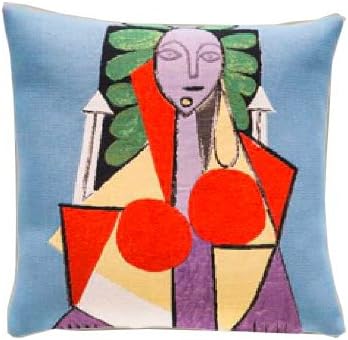 Premium European Throw Pillow Cases in Jacquard Weave - Picasso Woman in a Chair (1946) - 18 x 18 Inches - 95% Cotton 5% Polyester - Invisible Zipper Opening - Made in France