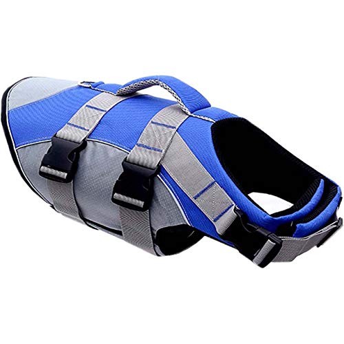 Huret Pet Life Jackets, Adjustable Dog Saving Vest, Dog Float Coat with Reflective Strips, Dog Safety Vest Swimwear Adjustable Ripstop Pet Life Vest for Small, Medium, Large Dog, Blue, M