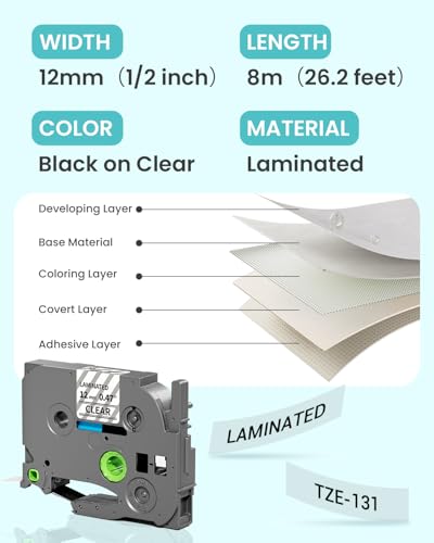 Image of 6-Pack Label Maker Tape 12mm 0.47 inch Clear TZe-131 Replacement for Brother P Touch Label Tape TZe131 TZ-131, Compatible with Brother Ptouch PT-D210 PT-H110 PT-D220 PT-D400, Black on Clear