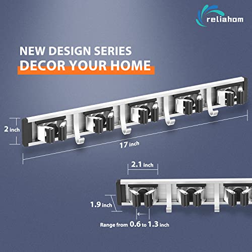 Image of reliahom Broom Holder Wall Mount Mop Hanger Tools organizer 5Racks4Hooks,2P | Adjustable Mop Broom Wall Hanging Heavy Duty Tools Storage Rack Space-saving for Garage,Kitchen,Laundry Room,Garden, Black
