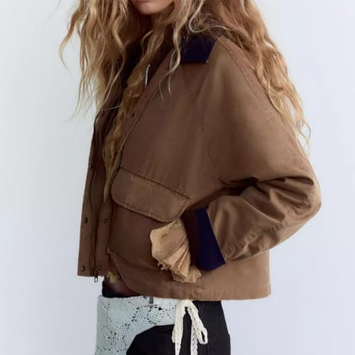 Women's Cropped Barn Jacket Corduroy Collar Zip Up Utility Coat Cargo Jacket Outwear with Pockets4