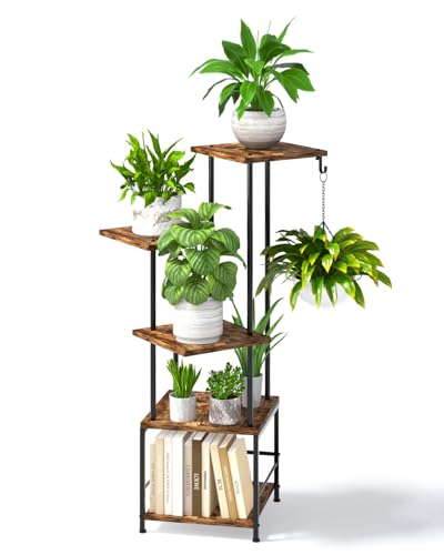 Image of Homsorout Plant Stand Indoor - 5-Tier Metal Plant Shelf with Hanging Basket Hook, Corner Tall Flower Holder for Multiple Plants, Living Room Balcony Garden Patio, Rustic Brown