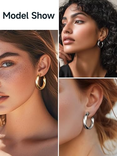 Image of Stainless Steel Chunky Hoop Earrings For Women, Minimalist and Chic, Black /Gold Plated, Round Hoops Earrings Hypoallergenic, Size: 30mm /40mm /60mm /80mm, Come with Box