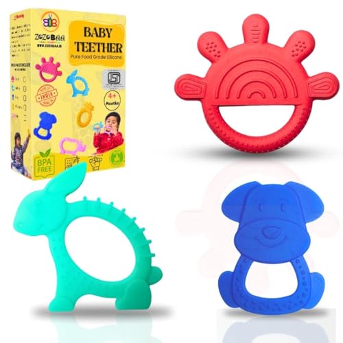 Image of Cute Shape Soft Silicone Teether for Baby Gums, Teething Toys for Babies, BPA Free, Pain-Relief, Non-Toxic, 100% Food Grade, Soothing, Easy to Grasp Chewable - Hand+Dog+Rabbit (Pack of 3)