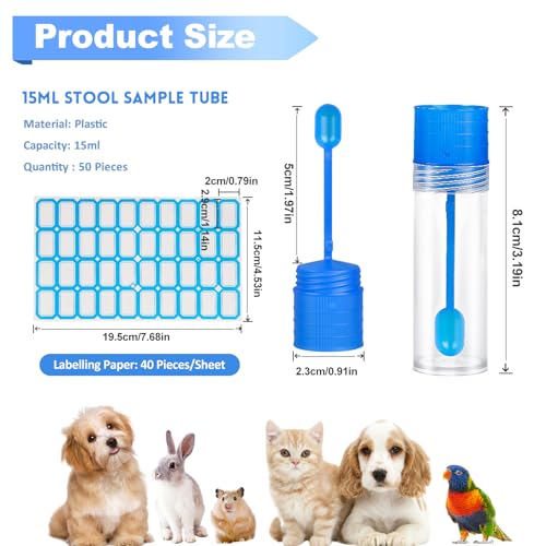 50 Stück Stuhlprobenröhrchen, 15ml KotprobenröHrchen mit Löffel und Etikettenaufkleber, Gute Abdichtung Kotprobenröhrchen Hund und Katzen, Stuhlprobe Probenröhrchen für Haustiere zum Testen