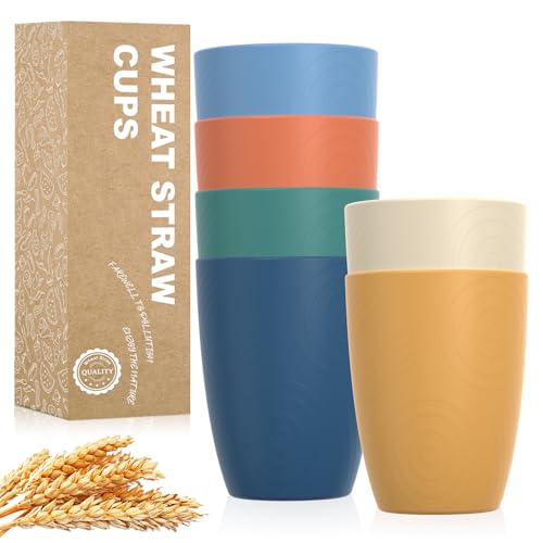 Perlapoc Wheat Straw Cups Unbreakable Plastic Stackable Water Tumblers | Drinking Glasses Set of 6 | Plastic Cup Reusable 12 OZ | Dishwasher and Microwave Safe | Cups for Kitchen - Multi