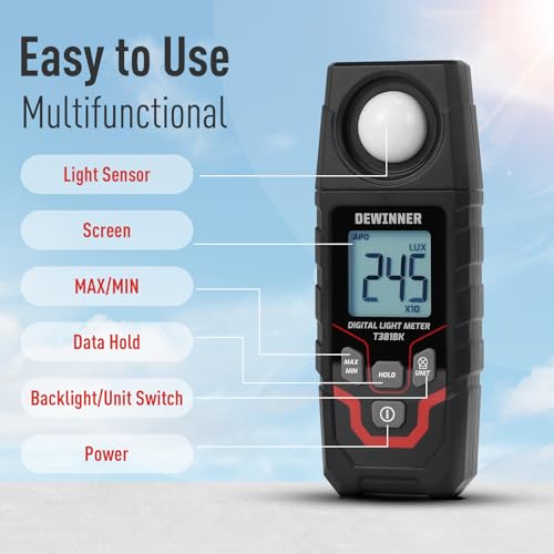 DEWINNER Digital Illuminance Light Meter – 0-200,000 Lux Light Tester for Plants, LED Grow Lights, Car Headlights – Candles Meter, 8X/s Sampling, 120° Angle, Backlit Display (Battery Included) - Thumbnail 4