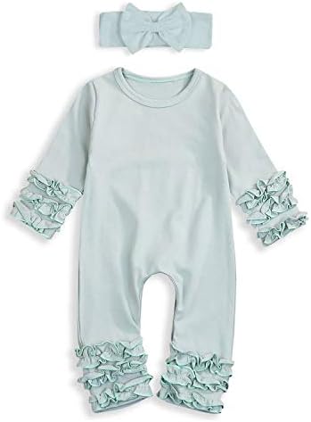 GRNSHTS Newborn Baby Girls Ruffle Romper Solid Long Sleeve Jumpsuit One-Piece Coming Home Clothes With Headband (Green, 3-6 Months)