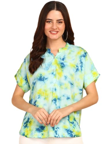 Image of Maaesa Women Handmade Regular Fit Tie-Dye Rayon Top | Casual Wear & Office Wear | Short Sleeve | Mandarin Neck | Lightweight & Breathable Fabric