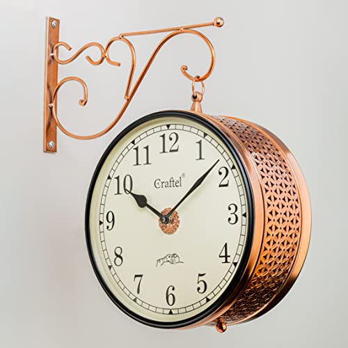 Image of CRAFTEL Double Sided Station Wall Clock Multi-Layer Electroplated | Both Side English Numerals | Aluminum Matte-Finish Dial | Dial - 10 Inches, Rose Gold | 365 Days Warranty