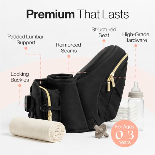 Image of Tushbaby Original Hip Seat Baby Carrier for Babies & Toddlers up to 45 lbs, Safety Certified, Lightweight No-Foam Design with Storage, Black & Gold