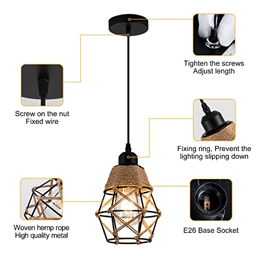Industrial Pendant Light,Farmhouse Hemp Rope Ceiling Light,Rustic Woven Adjustable Hanging Flush Mount Ceiling Swag Lamp, Black Metal Cage Shade,E26 Base for Kitchen Island, Living Room, Bar,2-Pack - Image 4