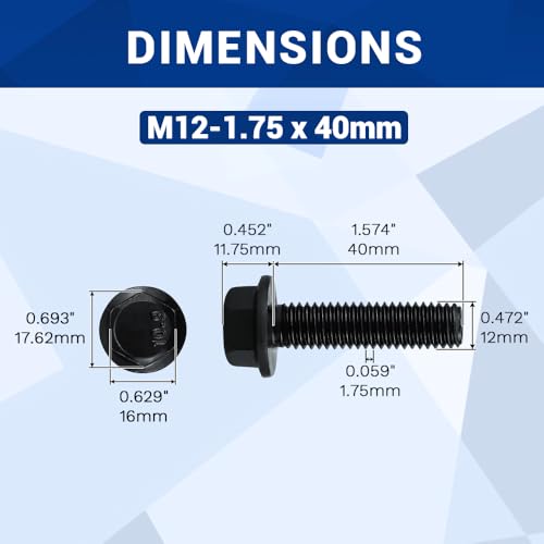 Image of 6-Sets M12-1.75 x 40mm Grade 10.9 Flange Hex Bolts + Flange Nut + Flat Washer + Lock Washer Combo Pack, Black Oxide, for Automotive & Machinery