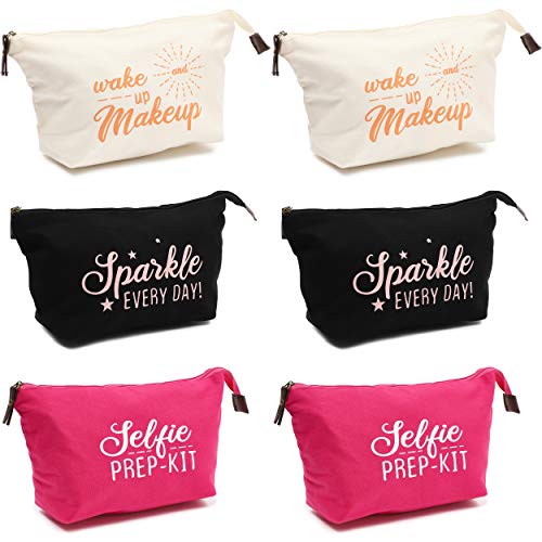 Preisvergleich Produktbild Glamlily Kosmetiktäschchen (Set, 6 Stück) - Aus Baumwollleinen, mit Reißverschluss, Englische Aufschrift - Ideal für Make-uk, Krimskrams - Schwarz, Rosa, Weiß, 30,5 x 8,9 x 14 cm